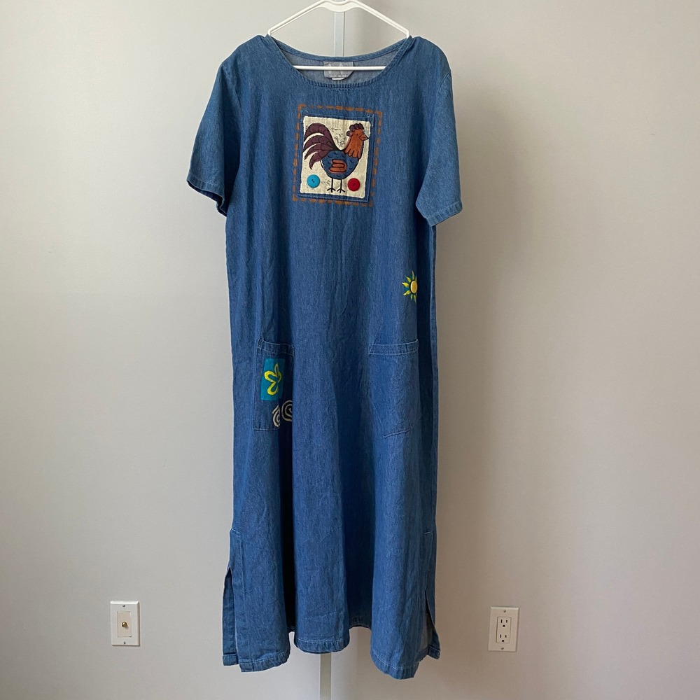 Cover Charge Cotton Quirky Lagenlook Rooster Graphic Maxi Dress XL Blue